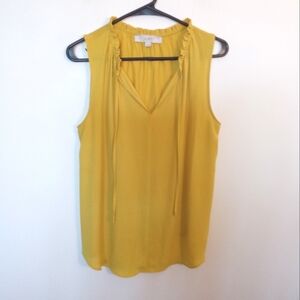 LOFT Women's Yellow Sleeveless Tank with Ruffle Tie Neckline Small Oversized